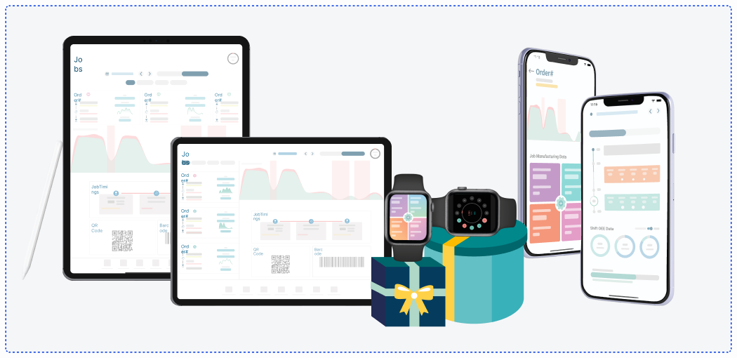 A group of smart devices with tablets, phones and smart watch in manufacturing